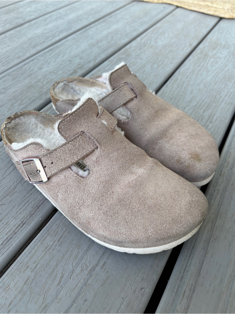 Suede Slip-On Clog in Taupe with Buckle
